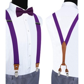 GUSLESON Suspenders & Bowtie Set Men's Elastic Band Suspenders + Bowtie for Wedding, Formal Events, Purple