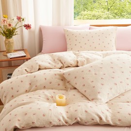 Lanqinglv Muslin Bed Linen 135 x 200 cm Cotton Beige Pink Flowers Renforce Linen Look Oeko-Tex Vintage Aesthetic Bed Linen with Zip and 1 Pillowcase 80 x 80 cm