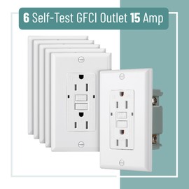 Bates- Self-Test GFCI Outlet 15 amp, 6 Pack, GFI Electrical Outlet 15 Amp White with LED Indicator and Wall Plate, UV-Resistant, UL Listed