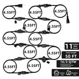 Yodotek Black 50FT 16 Gauge Multi Indoor/Outdoor Power Extension Cord,Multiple Evenly-Spaced 11 Outlet,Cord Splitter,for Landscaping Light,Stage Backlines,Party and Christmas Decoration.ETL Listed