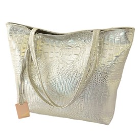 APOSITV Women's Embossed Croco Embossed Enamel Bag Tote Bag Shoulder Bag, Silver