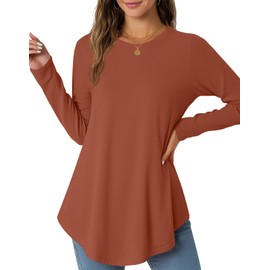 Tops For Women Trendy Fall Long Sleeve Thanksgiving Shirts Basic Tee Fall Trendy Top Casual 2025 Fashion Crew Neck Tunic Tops (Caramel, X-Large)
