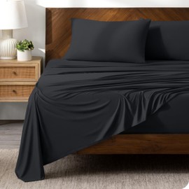 Bare Home Premium Microfiber Stretch Knit Sheet Set, 4-Way Stretch Bed Sheets, Cooling & Breathable, Stretch Fitted Sheet, Stretch Flat Sheet, Stretch Envelope Pillowcase (Twin XL, Black)