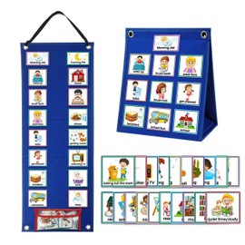 Visual Timetable, Children Visual Daily Routine Chart with 96 Picture Cards, Visual Now and Next Board Learning Aid Tool to Support Communication, Routine and Transition(Blue)