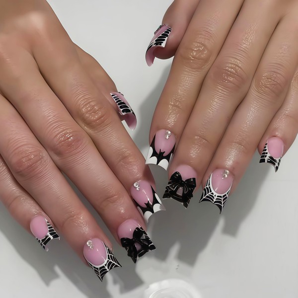 24Pcs Halloween Press on Nails Short Square French Tip Fake