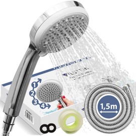 VILSTEIN Shower Head with Hose, Stainless Steel Shower Hose, 4 Jet Types Shower, Twist Protection, Shower Head with Hose, Length 1.5 m