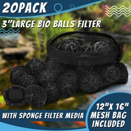 VIHOSE 20 Count 3 Inch Black Large Bio Balls Media Filter Durable Fish Pond Filter Media with Sponge Biological Filtration Mediums for Pond Aquarium Fish Tanks Filters with 12" x 16" Mesh Bag