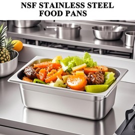 CTJ 6 Pack NSF Stainless Steel Food Pans 1/3 Size 4 Inch Deep Commercial Steam Table Pans Anti Jam Catering Food Storage Metal Pan for Restaurant Home Buffet supplies (1/3 Size, 4'' Deep)