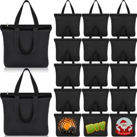 Silkfly 15 Pieces Natural Canvas Tote Bag Bulk with Zipper 16.5 x 13 Inch Black DIY Reusable Canvas Grocery Bag with Handle Plain Bag for Women Crafts Painting Blank Sublimation Embroidery Gift Bags