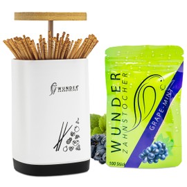 Wonder Toothpick Dispenser - Dispenser with Easy-Lift Function - Toothpick Holder + 1 Refill Pack (100 Toothpicks) - Flavoured Toothpicks (Dispenser + Grape-Mint)