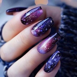 24Pcs Press on Nails Medium Ballet Shaped Blue Purple Starry Sky Smudge Design Full Cover Glossy Acrylic False Nail Medium Artificial Stick on Nail DIY Reusable Press Ons Glue on Nails for Women