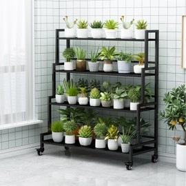 YIZAJIA Plant Stand Indoor 4 Tier Metal Outdoor Tiered Stands Shelf With wheel for Multiple Plants Potted Ladder Plant Holder Table Plant Pot Stand for Window Garden Balcony Living Room (4 Tier-Black)