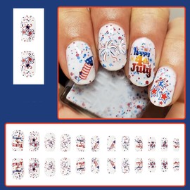 24Pcs Short Square Press on Nails 4th of July RIICFDD Fake Nails Independence Day False Nails with “Happy 4th July” & Star & Firework Designs Reusable Acrylic Nails Full Cover Glue on Nails for Women