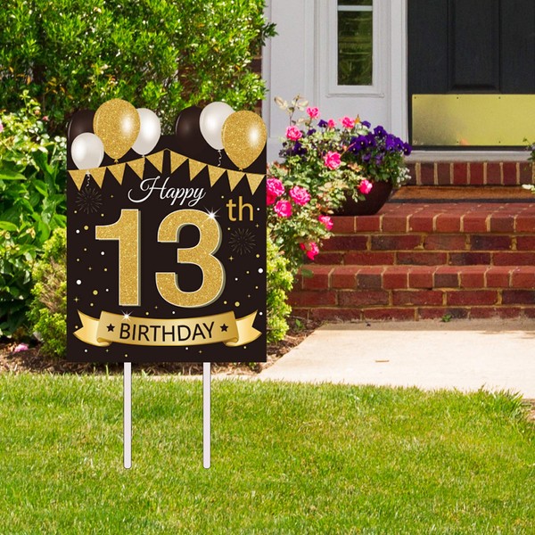 Large Happy 13th Birthday Party Yard Sign Black Gold 13 Birthday Yard Signs with Stakes and Outdoor Lawn Decorations