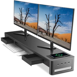 Meatanty Dual Monitor Stand Riser with 2 Drawers,4 Usb Ports and Charging Pad,Metal for 2 Monitors Supports Transfer Data and Charging,Desk Organizer PC,iMac(38.7 x 7.9 4.3 inches)