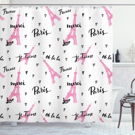 Ambesonne Torre Eiffel Cortina de Baño, Oh la La Je T'Aime, Paño Conjunto de Decoración de Baño de Tela y Ganchos, 70" Alto, Negro Rosa