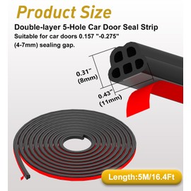 CHUANJI Car Door Seal Strip 16.4 Ft Rubber Self Adhesive Double Layer 5 Hole Automotive Weather Stripping Universal Auto Door Soundproofing Weatherstrip Fit Truck Pickup Rv Sunroof Trunk Hood Cover