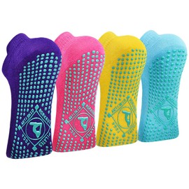 HYCLES Yoga Socks Non-Slip Socks Women's 4 Pairs Yoga, Pilates, Barre, Dance, Ballet, Trampoline, Hospital 35-43, 5#Natural Yellow+Blue+Rose+Purple