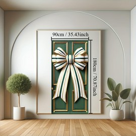 Tomhong Christmas Door Cover Green Gold Striped Bow 71x35 Inch Large Outdoor HolidayDecoration for Front Door Porch Yard Xmas Party Entrance Decor
