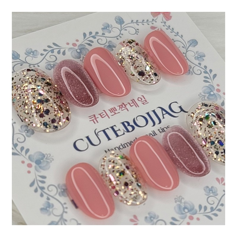 Pink Sparkle Handmade Nail Tips - Oval S / 핑크