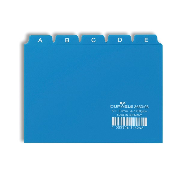 Durable 366006 25 Piece A6 Index Card Set with Printed A-Z Tab - Blue