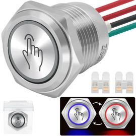 ZJWZJH Touch Switch 5V-24V DC Red and Blue Light Conversion 16mm 5/8" Momentary Push Button Switch SPST Stainless Steel 304 Waterproof with Protective Cover