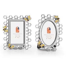 FIHOO Bee Honeycomb Silver Mini 2x3 Inch Picture Photo Frame, Set of 2 for Tabletop Display Perfect for Home Decor, Xmas, Wedding, Graduation, Birthday, Milestone