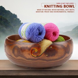 Cikonielf Wooden Yarn Bowl, Handmade Wooden Yarn Bowl, Wool Bowl, Wooden Yarn Bowl with Holes and Hook Holder for Knitting and Crocheting (18 cm)