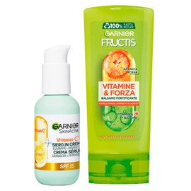 Garnier Fructis Haarspülung stärkend Vitamine und Kraft mit Biotin für sprödes Haar 200 ml + Skinactive Vitamin C Gesichtsserum aufhellende und Anti-Flecken-Creme mit LSF25 50 ml