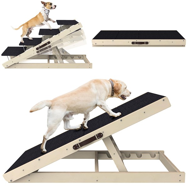 Dog Ramp, Adjustable Steps for High Bed, Folding Stairs Beds, Small & Large Dogs, Ramp Car with Non-Slip Surface, Wooden and Couch