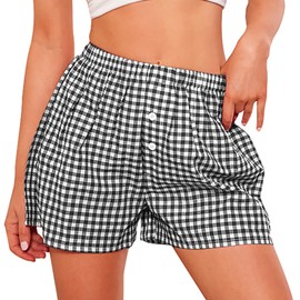 PRETTYGARDEN Womens Boxer Shorts 2025 Summer Casual Lounge Sleep Gingham Pajama Y2K Plaid Short Pants with Pockets(Black,X-Large)