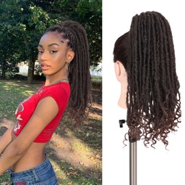 WIGER Clip In Dreadlock Ponytail Extensions Faux Locs Twisted Hairpiece for Black Women Ombre Brown Medium Length Coily Curly Ponytails Goddess Locs Wrap Around Synthetic Fake Pony Hair