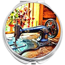 NewCharms Vintage Sewing Machine Birds Compact with Mirrors - Perfect Pocket and Purse Size Folding Mirror for Applying Make Up Anywhere