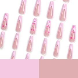 Valentines Press on Nails Long Coffin French Tip Fake Nails Pink Glue on Nails Heart False Nails with Design Cute Acrylic Nails Full Cover Glossy Stick on Nails Artificial Nails for Women Girls