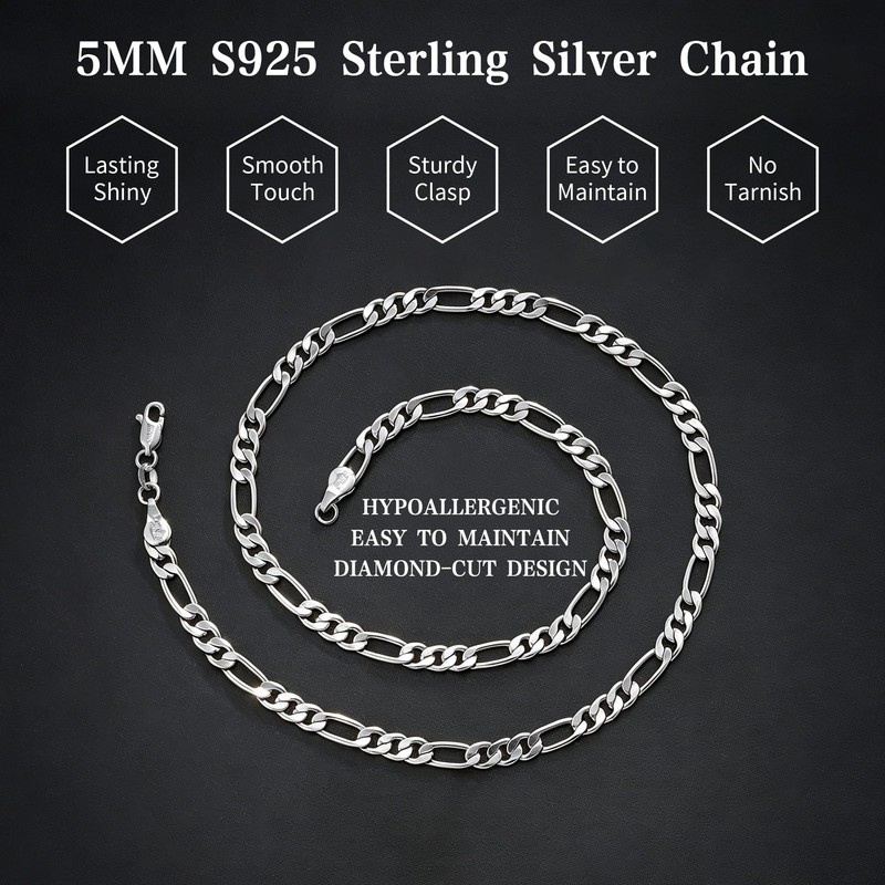 Silver Chain for Men, 3.5mm 925 Sterling Silver Figaro Chain