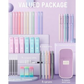 Four Candies 39 Stück Schulsachen mit Mäppchen, 12 Pastell Textmarker, 5 Gelstifte, 6 Druckbleistift Set, Aesthetic Stifte und Coole Sachen für Teenager Mädchen School Stuff Clean Girl (Lila)