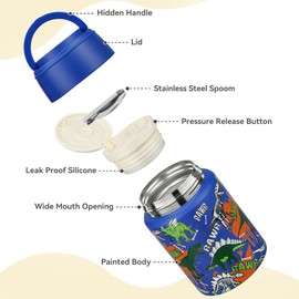 17 oz Soup Thermos for Hot Food Kids, Stainless Steel Vacuum Insulated Food Jar Lunch Box Container with Folding Spoon,Leakproof Thermos with Handle for School,Office,Travel,Outdoor(blue dinasour