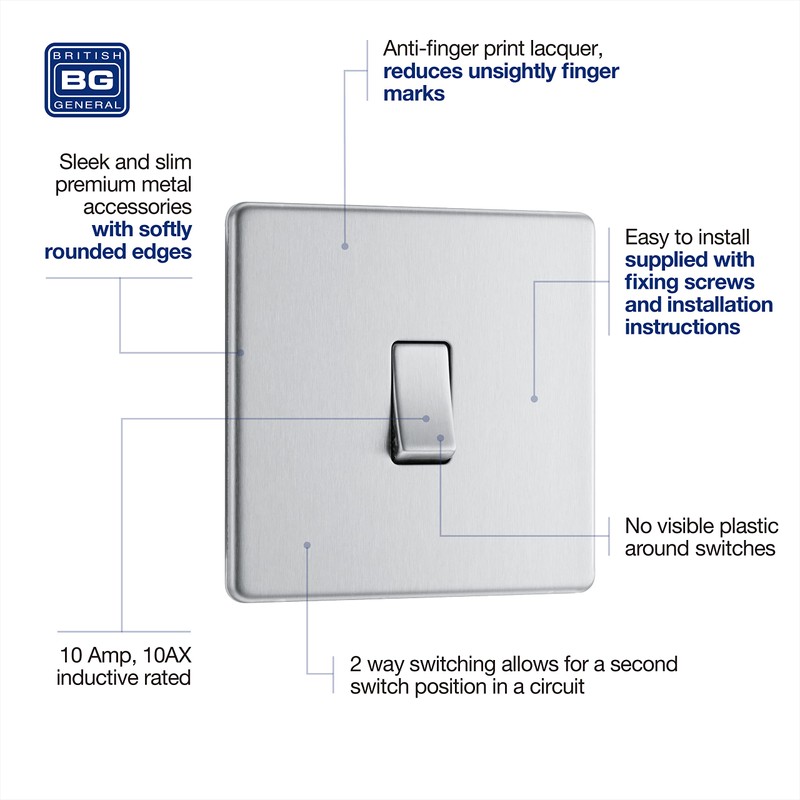 BG Electrical fbs12 Screwless Flat Plate Single Light Switch, Brushed
