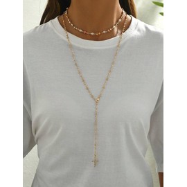 Dainty Y Cross Pendant Necklace for Women, Layered Colored Butterfly Gemstone Jewelry Set with Pearl Accents ，Trendy Double-Layer Long Chain Necklaces for Everyday or Gift