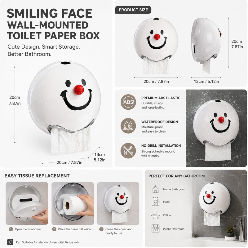 Smiling Face Toilet Paper Holder for Bathroom Storage – No-Drill