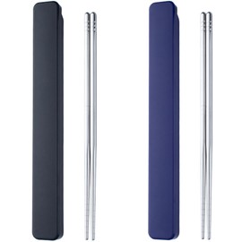 2 Pair Portable Chopsticks with Pull Design Case, Reusable Metal Stainless Steel Chopstick Travel Utensil for School Home Office Outdoor Camp Bento Box Use, Dishwasher Safe (Black, Dark Blue)