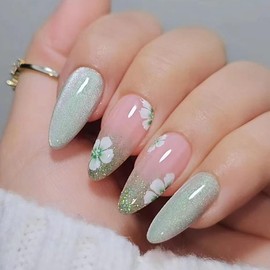 Shiny Gradient Press on Nails Medium Fake Nails with Flower Glitter Design, Glossy Almond Acrylic Spring Summer Press on Nails for Women Acrylic Manicure Art False Nails Glue on Nails Kit 24Pcs