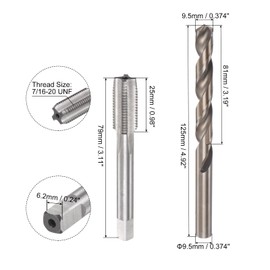 sourcing map Tap & Bit Sets, 7/16-20 UNF 2B Straight Flute Machine Thread Milling Tap, 9.5mm M35 Cobalt High Speed Steel (HSS-CO) Twist Drill Bit