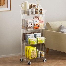 4-Tier Plastic Rolling Utility Cart Organizer with Handle, Multi-Functional Storage Trolley with Lockable Wheels & Reinforced Handle, for Nursery, Office, Living Room, Bathroom, Kitchen(Clear)