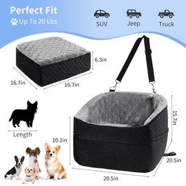 DVIKB Dog Car Seat for Small Dogs,Updated Version Memory Foam Dog Car Booster Seat,Puppy/Medium Dog Car Travel Bed Washable and Removable Comes with Safety Leash and Storage Bag(Black/Grey)