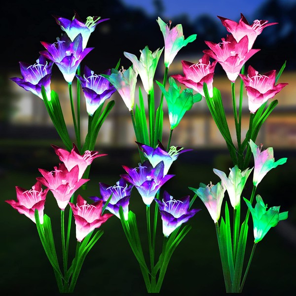 WdtPro Solar Lights Outdoor Garden Decorative Flowers 6 Pack, Waterproof Solar Garden Lights with 24 Lily Flowers, Multi-Color Changing LED Solar Powered Landscape Lights for Yard Garden Patio