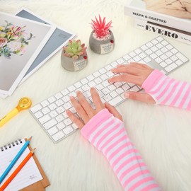 2 Pairs Punk Gothic Rock Long Arm Warmers Knit Fingerless Gloves Thumb Hole Stretchy Goth Accessories Women Stripe Emo Gloves (Pink White)