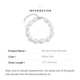 AMINKINA 14K Gold Baroque Pearl Bracelet, Pure White Freshwater Pearl Bracelet, Beautiful Jewelry Gift for Wife, Girlfriend (White Gold, 14K)