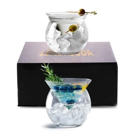 LEMONSODA Stemless Martini Glasses with Chiller - Elegant Cocktail Glass Set with Cavier Server Bowl - Beautiful Bar Martini Gift Set for Margarita, Cosmopolitan, Manhattan Cocktails (Set of 2)
