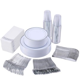 350 Piece Silver Dinnerware Set 50 Guest-100 Silver Rim Plastic Plates-50 Silver Plastic Silverware-50 Silver Plastic Cups-50 Linen Like Silver Paper Napkins,FOCUSLINE Disposable Dinnerware Set